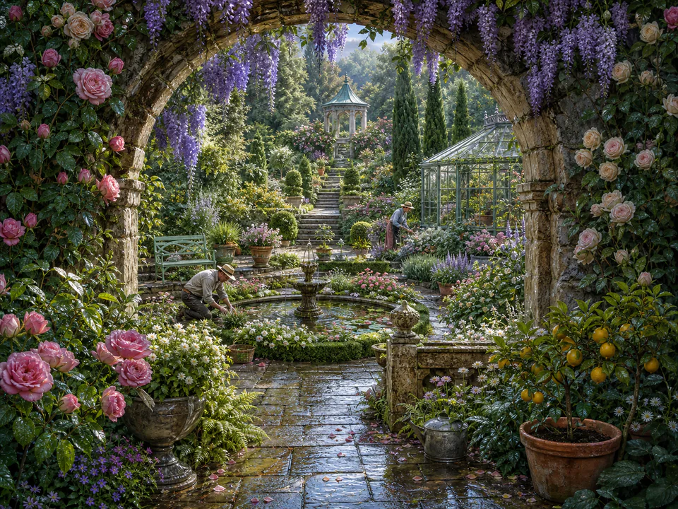 Dewy Garden Arch, an illustrated secret gardens jigsaw puzzle scene