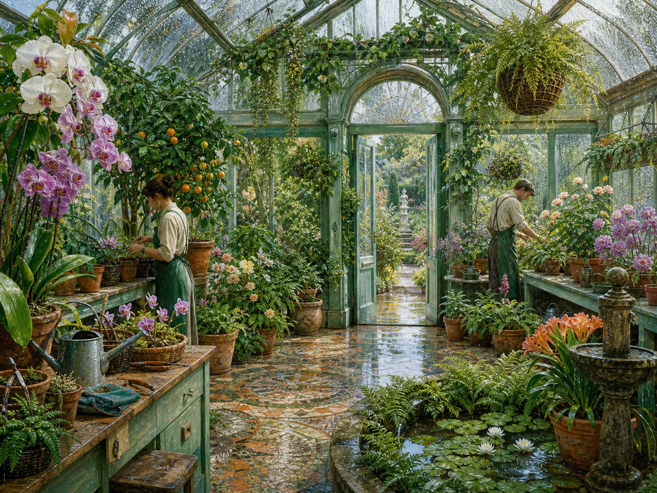 Dewy Greenhouse, an illustrated secret gardens jigsaw puzzle scene