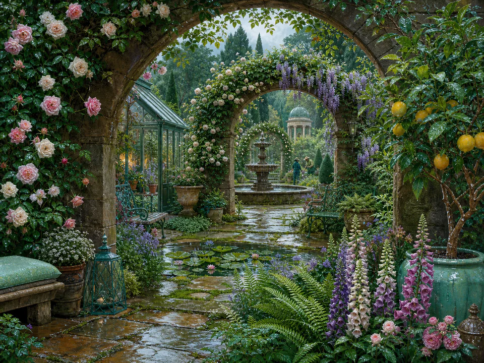 Dewy Hidden Fountain, an illustrated secret gardens jigsaw puzzle scene