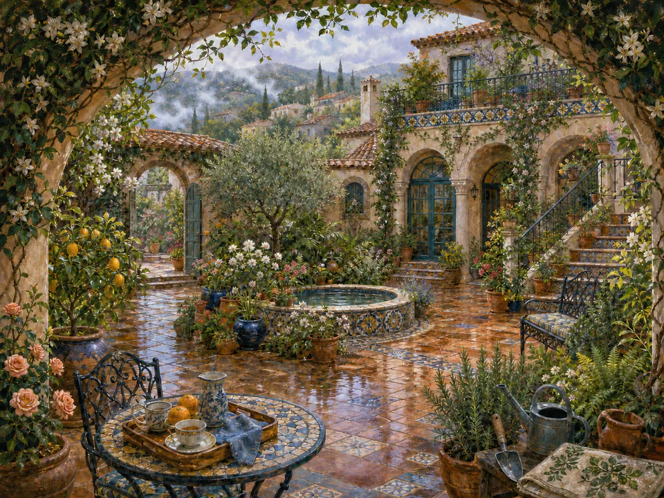 Dewy Courtyard, an illustrated secret gardens jigsaw puzzle scene