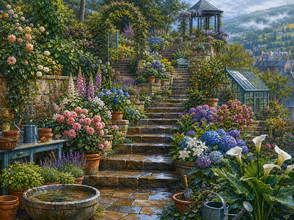 Dewy Flower Steps, an illustrated secret gardens jigsaw puzzle scene