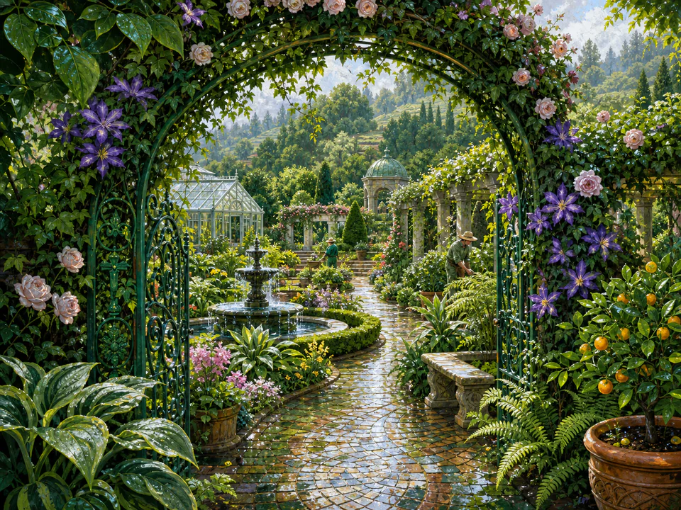 Emerald Garden Arch, an illustrated secret gardens jigsaw puzzle scene