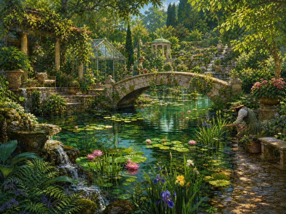 Emerald Lily Pond, an illustrated secret gardens jigsaw puzzle scene