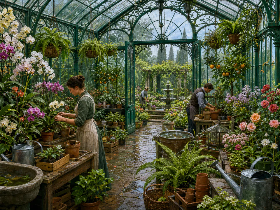 Emerald Greenhouse, an illustrated secret gardens jigsaw puzzle scene