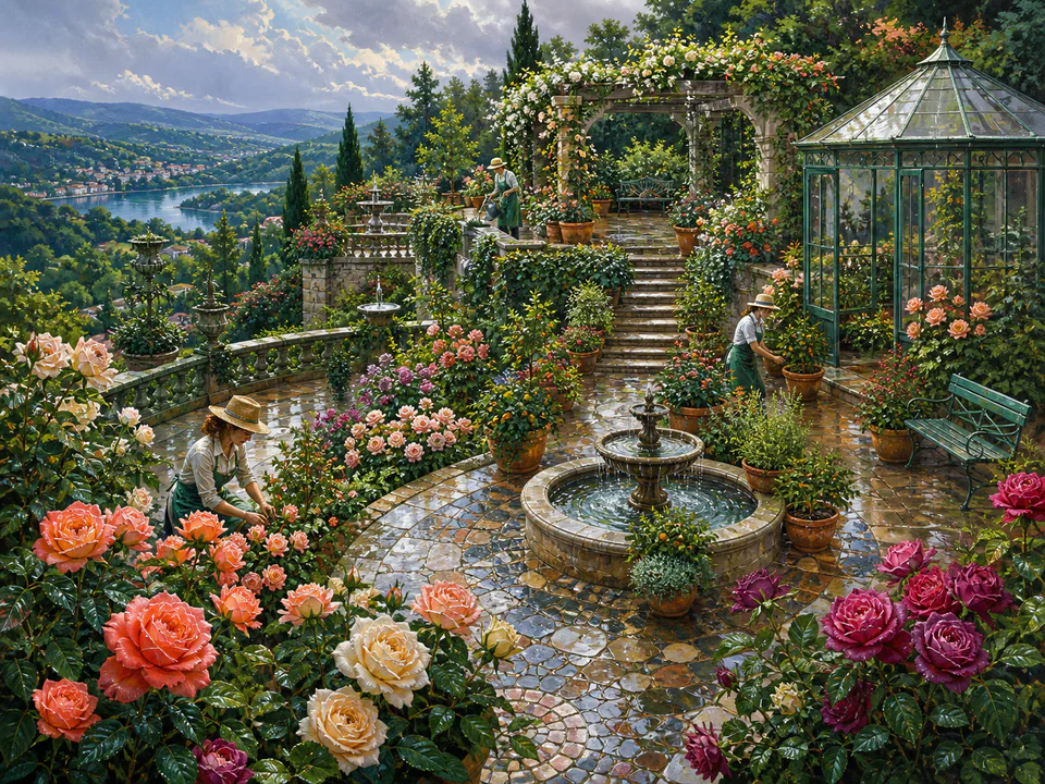 Emerald Rose Terrace, an illustrated secret gardens jigsaw puzzle scene