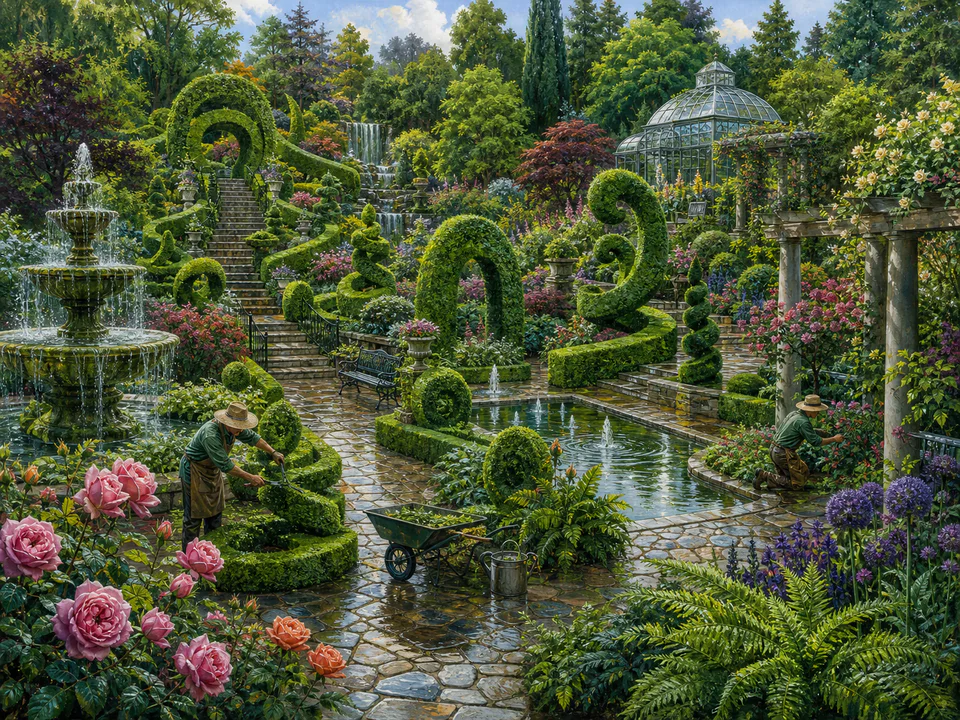 Emerald Topiary Walk, an illustrated secret gardens jigsaw puzzle scene