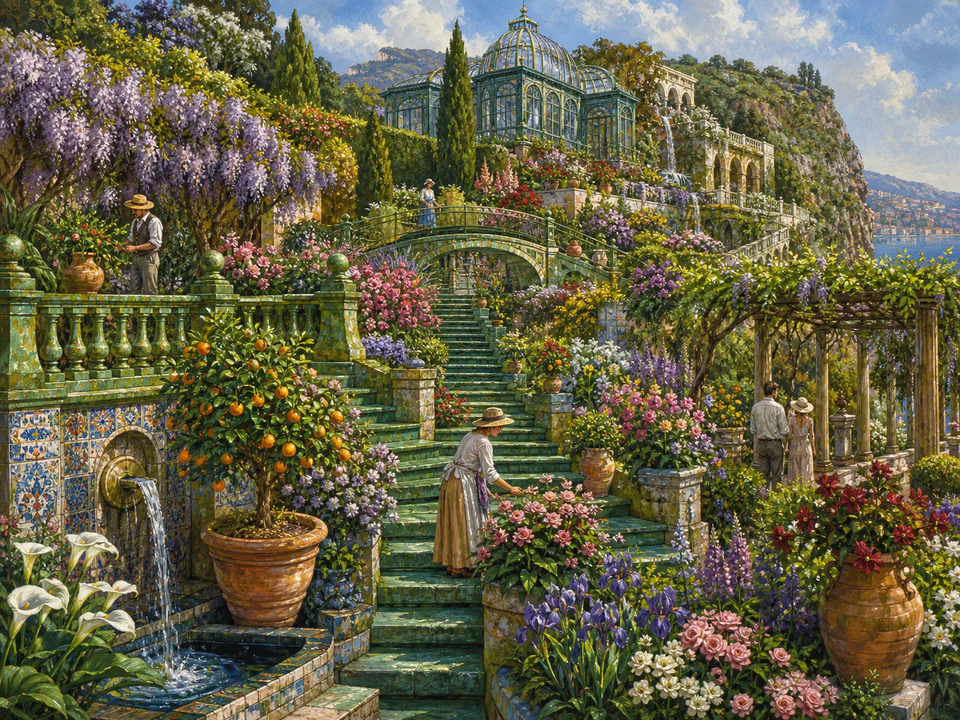 Emerald Flower Steps, an illustrated secret gardens jigsaw puzzle scene