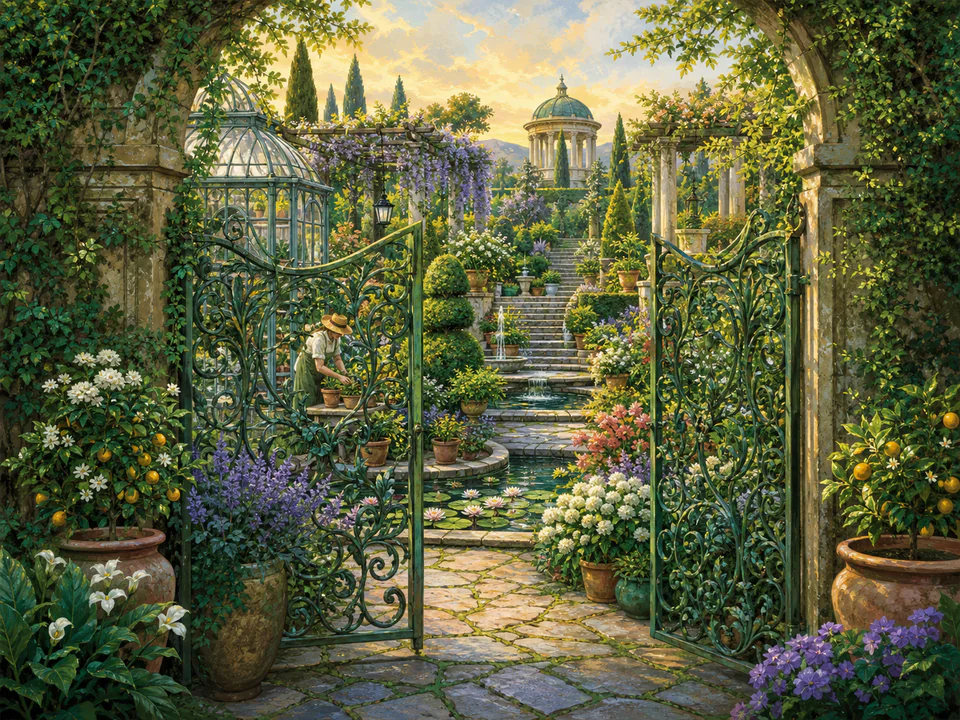 Emerald Secret Gate, an illustrated secret gardens jigsaw puzzle scene