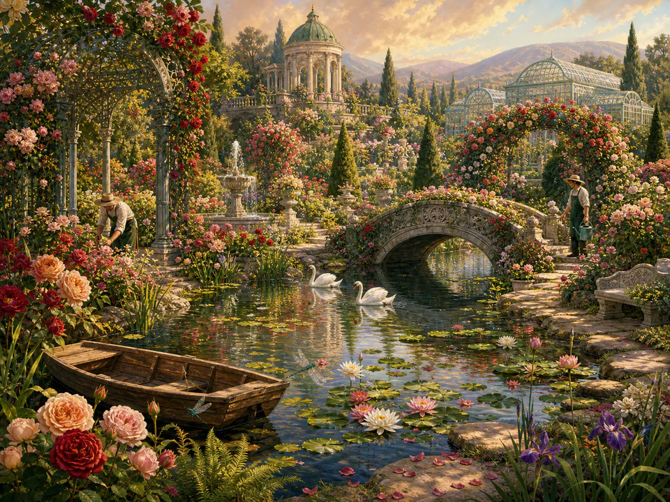 Rose Lily Pond, an illustrated secret gardens jigsaw puzzle scene