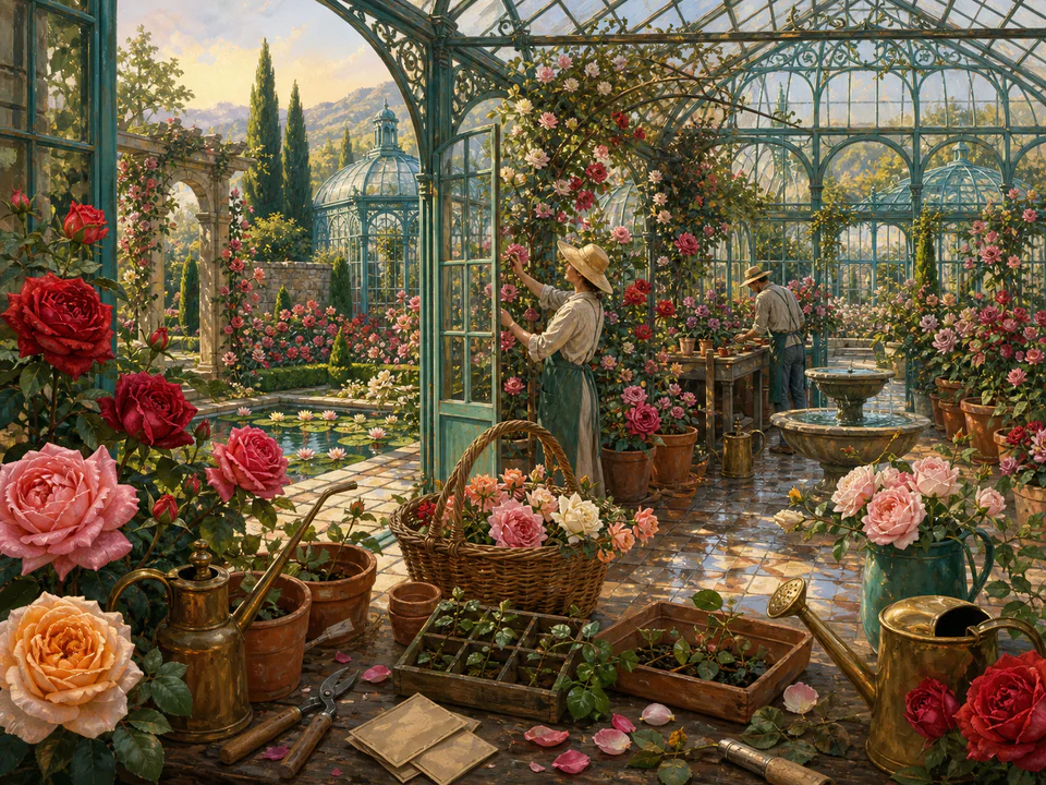 Rose Greenhouse, an illustrated secret gardens jigsaw puzzle scene