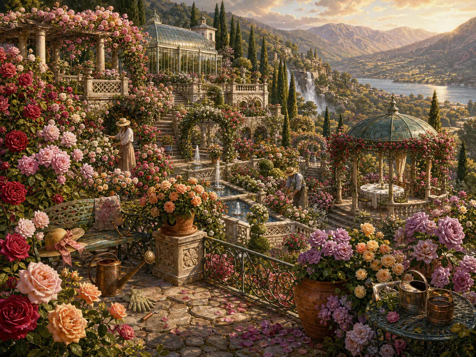 Rose Rose Terrace, an illustrated secret gardens jigsaw puzzle scene