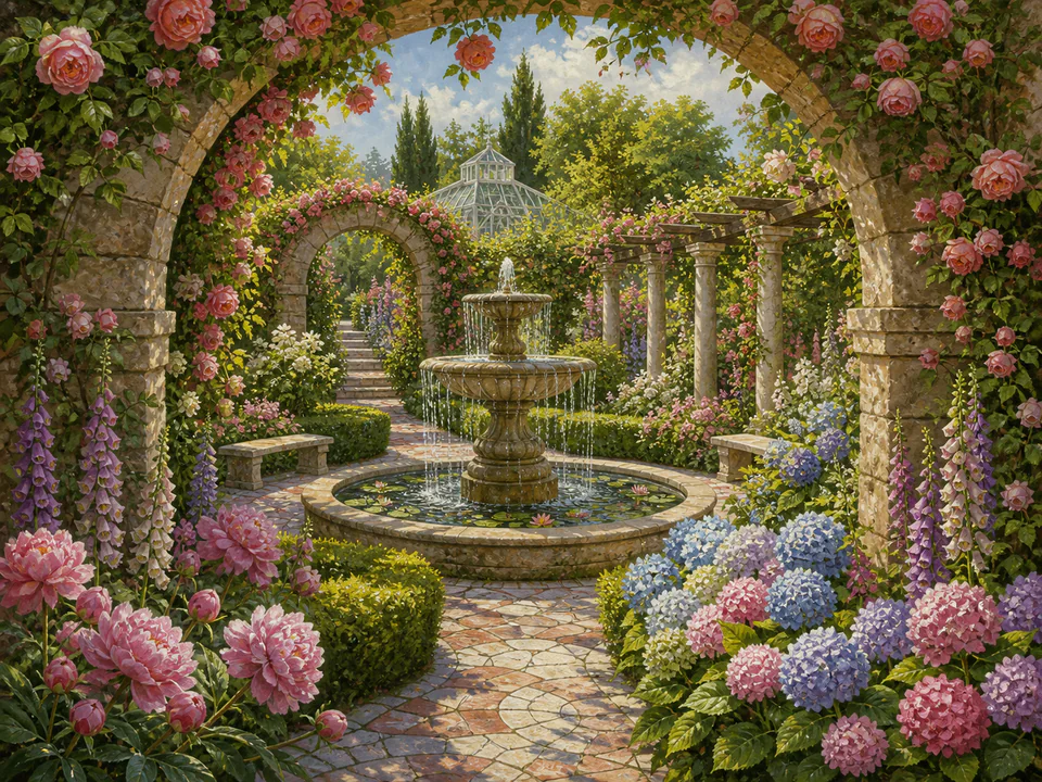 Rose Hidden Fountain, an illustrated secret gardens jigsaw puzzle scene
