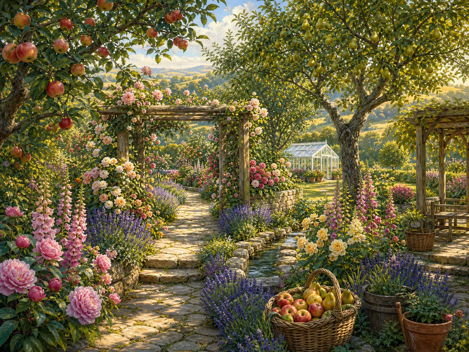 Rose Orchard Path, an illustrated secret gardens jigsaw puzzle scene