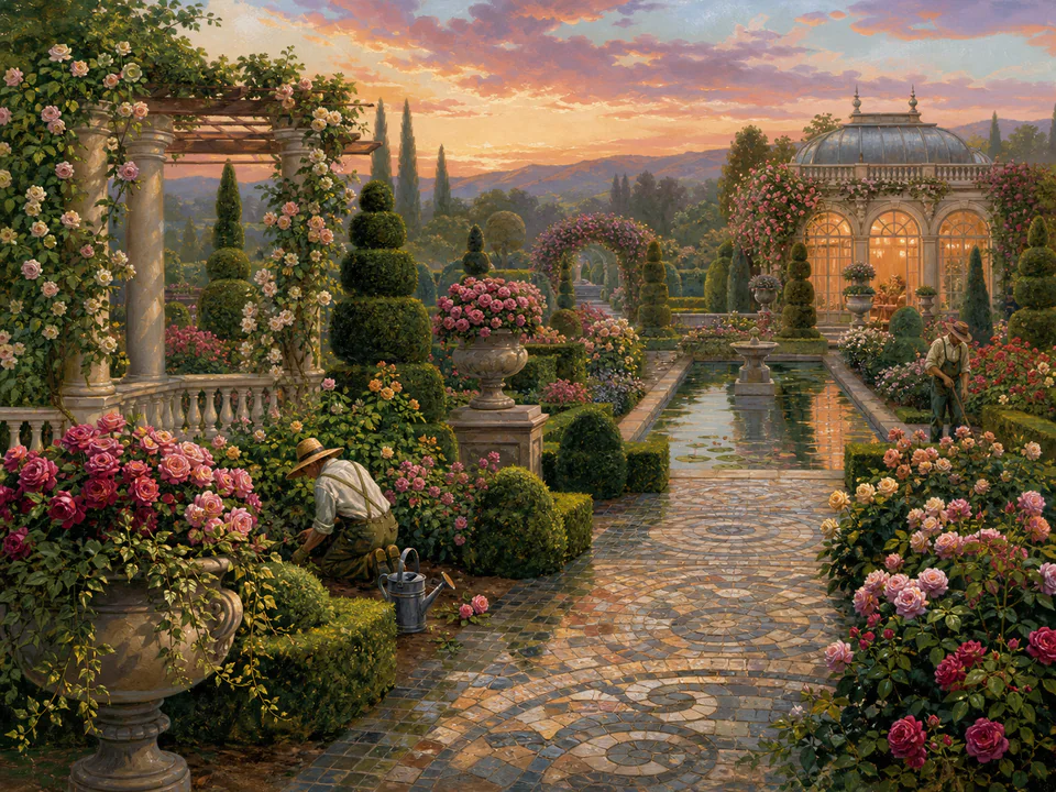 Rose Topiary Walk, an illustrated secret gardens jigsaw puzzle scene
