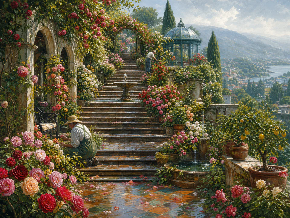 Rose Flower Steps, an illustrated secret gardens jigsaw puzzle scene