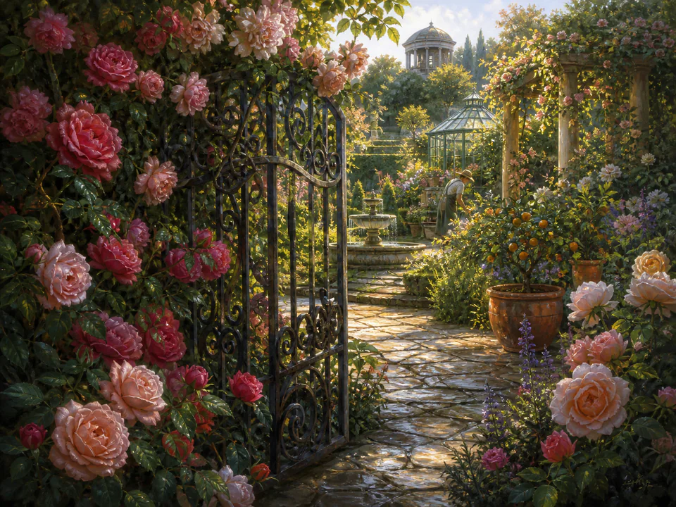 Rose Secret Gate, an illustrated secret gardens jigsaw puzzle scene