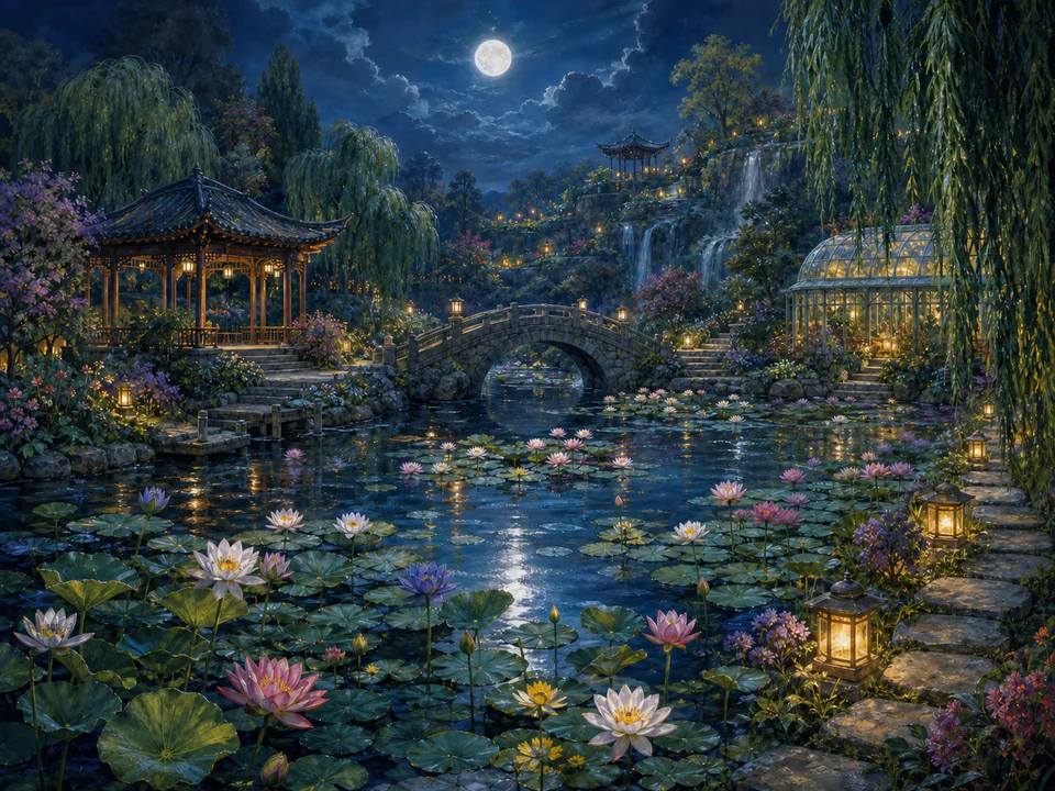 Moonlit Lily Pond, an illustrated secret gardens jigsaw puzzle scene
