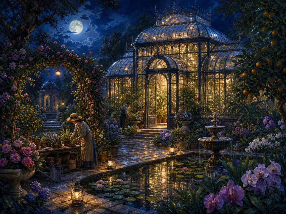 Moonlit Greenhouse, an illustrated secret gardens jigsaw puzzle scene