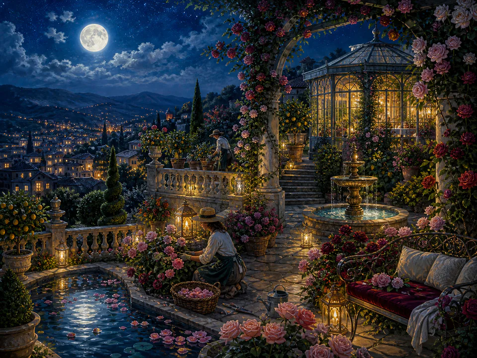Moonlit Rose Terrace, an illustrated secret gardens jigsaw puzzle scene