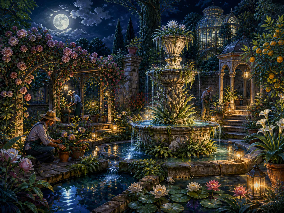 Moonlit Hidden Fountain, an illustrated secret gardens jigsaw puzzle scene