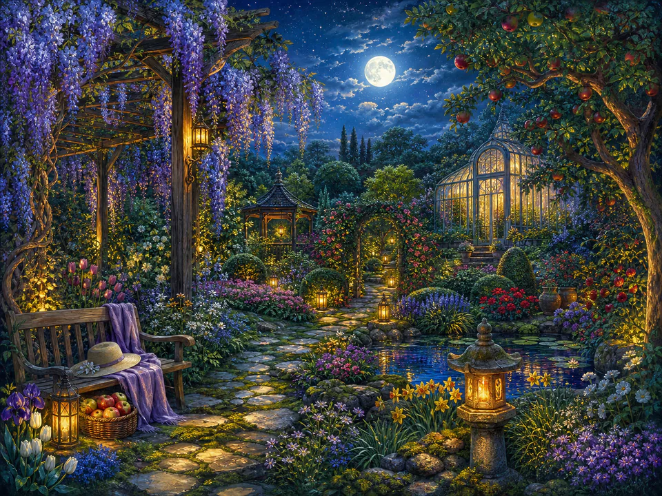 Moonlit Orchard Path, an illustrated secret gardens jigsaw puzzle scene