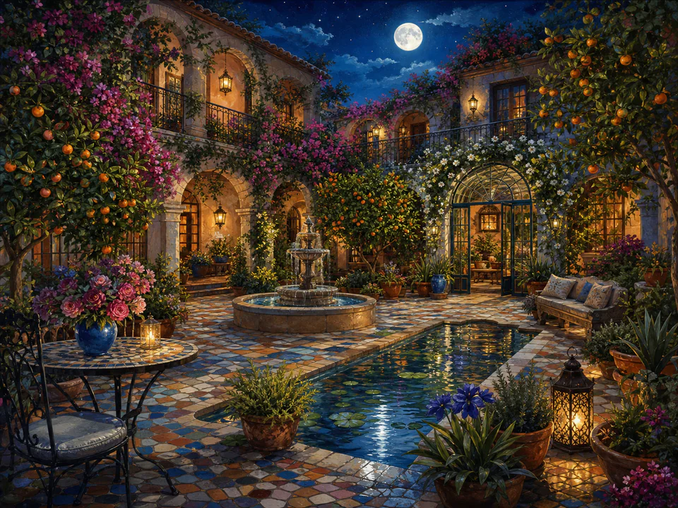 Moonlit Courtyard, an illustrated secret gardens jigsaw puzzle scene