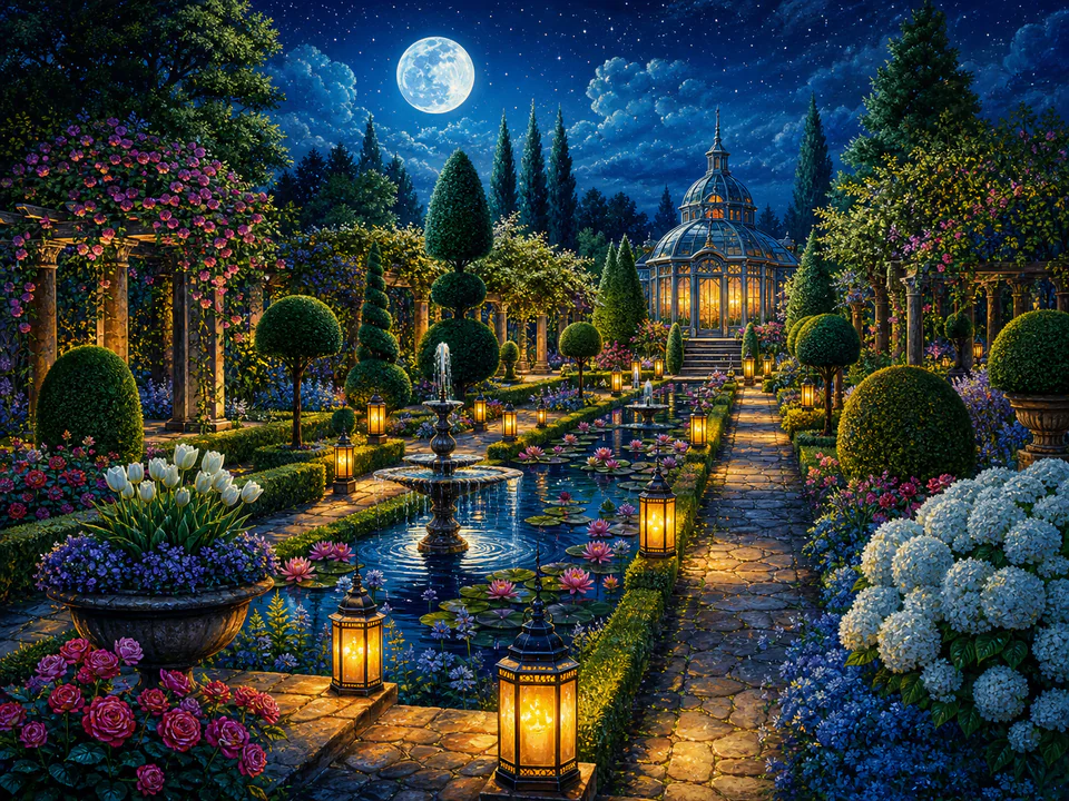 Moonlit Topiary Walk, an illustrated secret gardens jigsaw puzzle scene