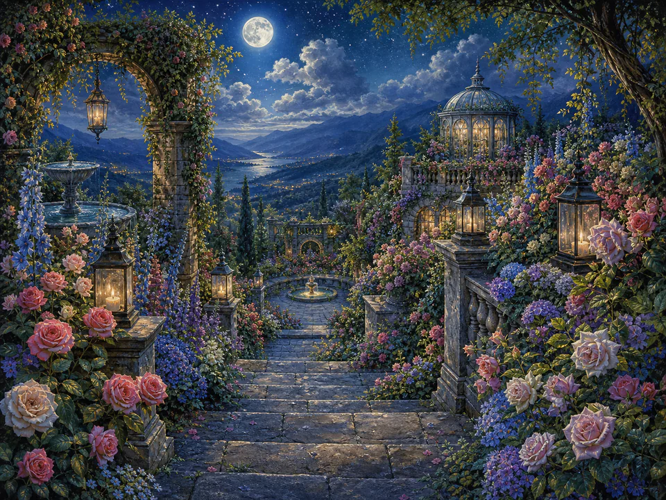 Moonlit Flower Steps, an illustrated secret gardens jigsaw puzzle scene