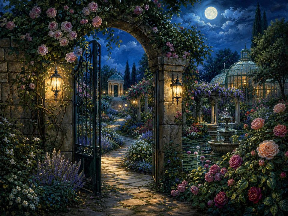Moonlit Secret Gate, an illustrated secret gardens jigsaw puzzle scene