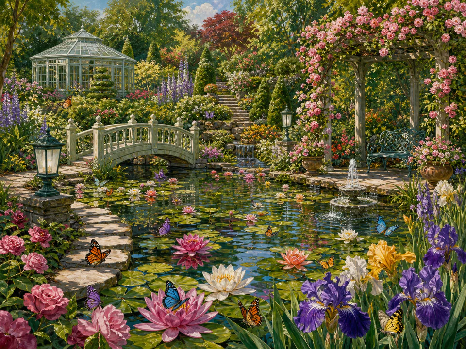 Butterfly Lily Pond, an illustrated secret gardens jigsaw puzzle scene
