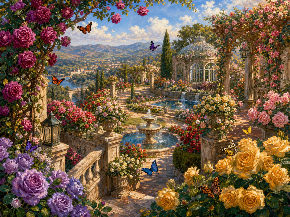 Butterfly Rose Terrace, an illustrated secret gardens jigsaw puzzle scene