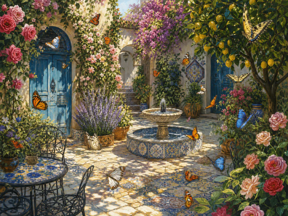 Butterfly Courtyard, an illustrated secret gardens jigsaw puzzle scene