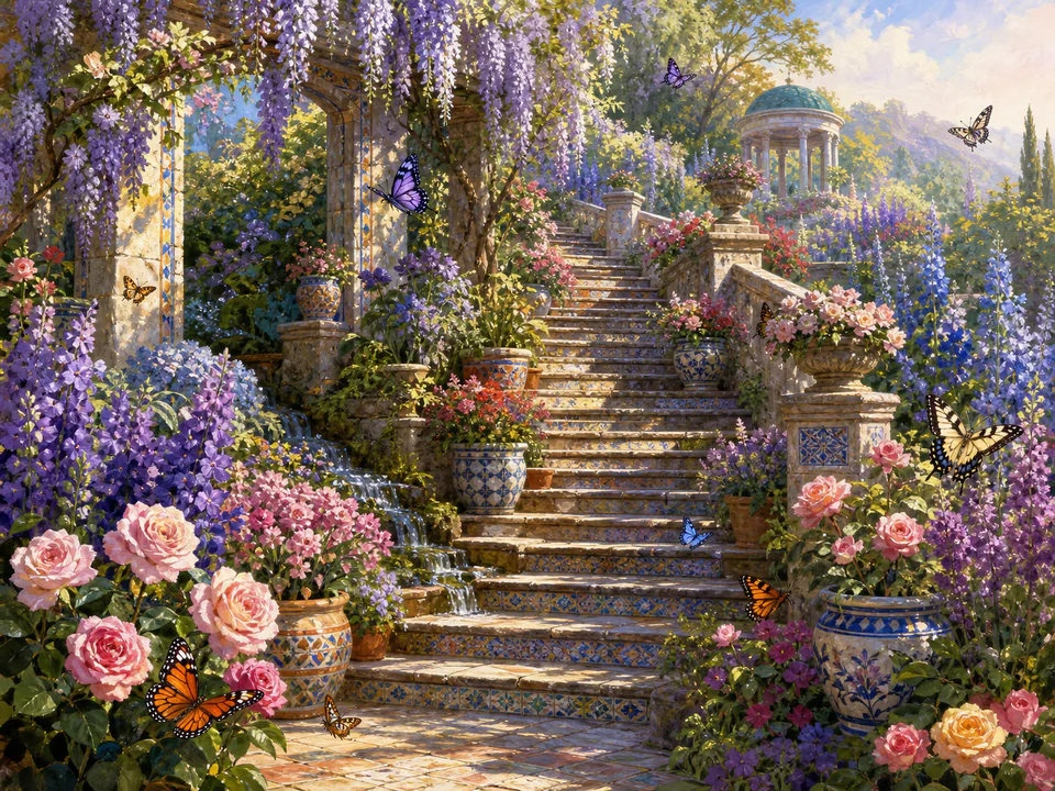 Butterfly Flower Steps, an illustrated secret gardens jigsaw puzzle scene