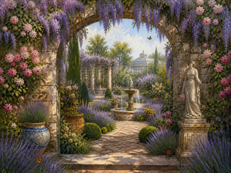 Lavender Garden Arch, an illustrated secret gardens jigsaw puzzle scene