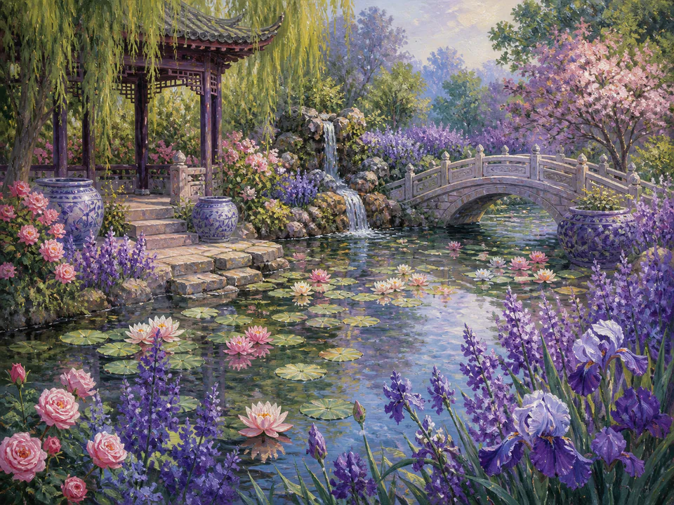 Lavender Lily Pond, an illustrated secret gardens jigsaw puzzle scene