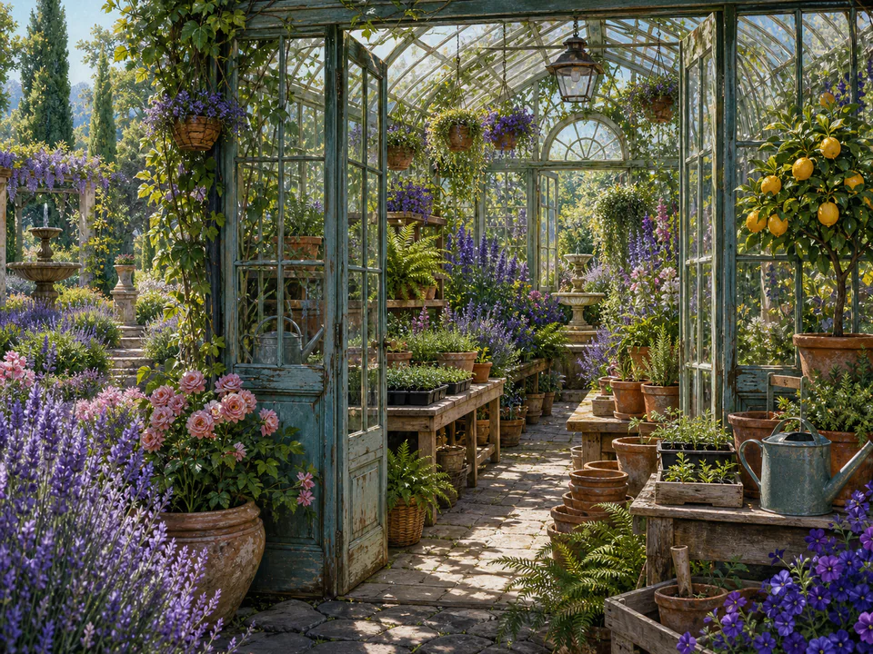 Lavender Greenhouse, an illustrated secret gardens jigsaw puzzle scene