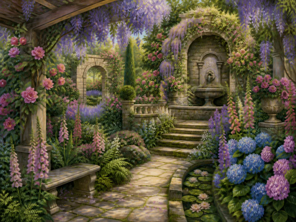 Lavender Hidden Fountain, an illustrated secret gardens jigsaw puzzle scene