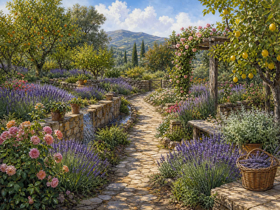Lavender Orchard Path, an illustrated secret gardens jigsaw puzzle scene