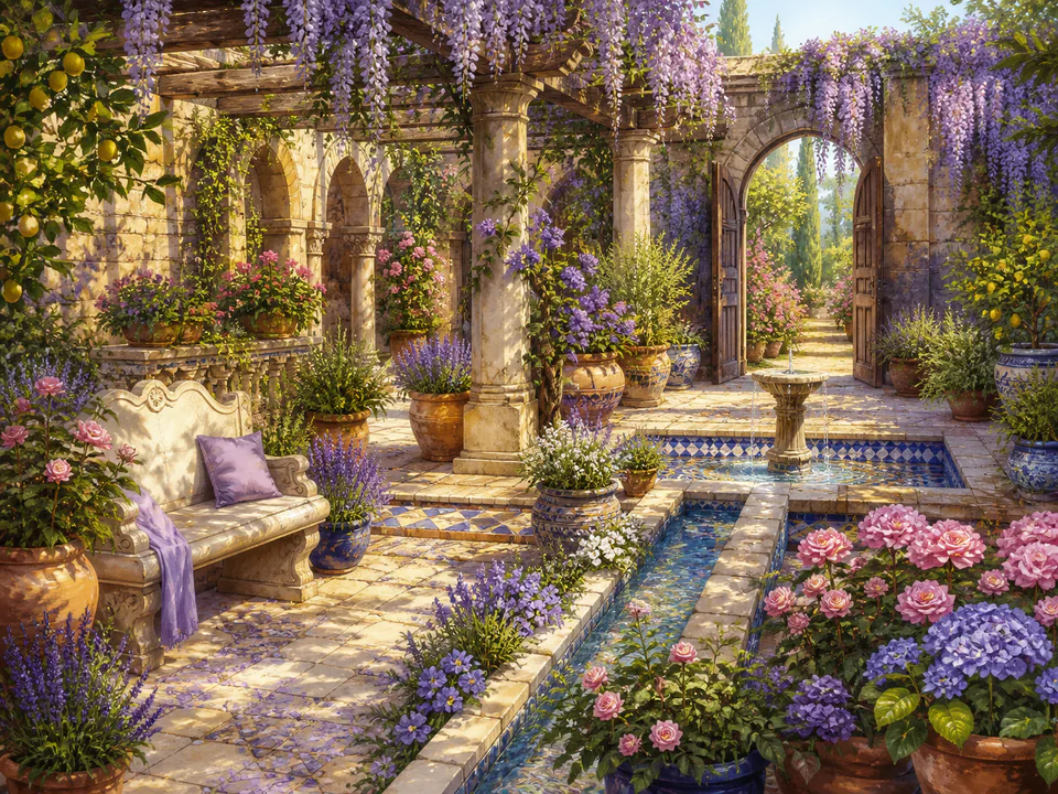 Lavender Courtyard, an illustrated secret gardens jigsaw puzzle scene