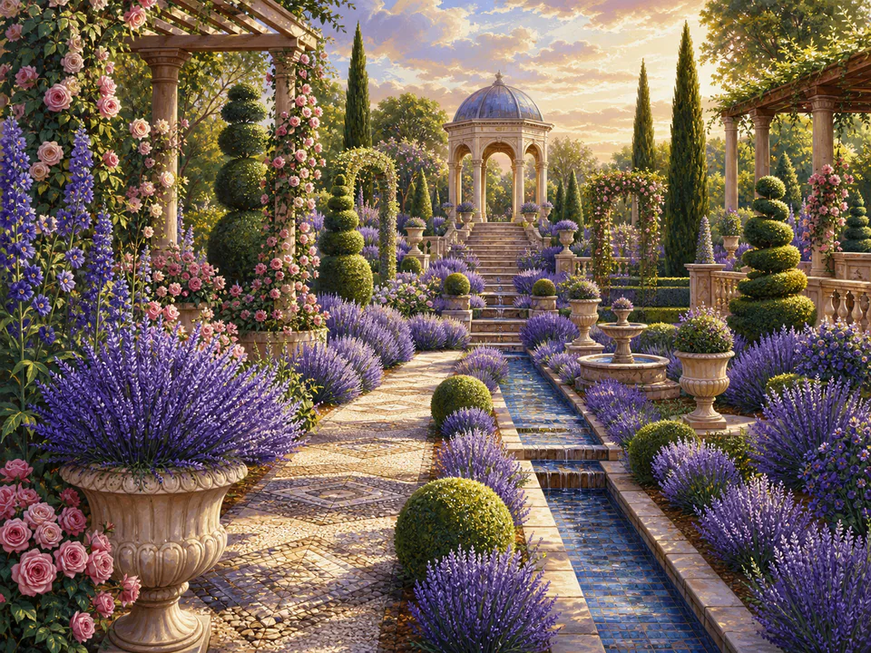 Lavender Topiary Walk, an illustrated secret gardens jigsaw puzzle scene
