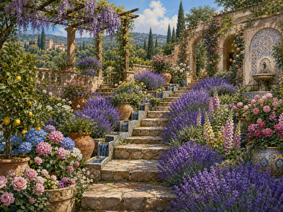 Lavender Flower Steps, an illustrated secret gardens jigsaw puzzle scene