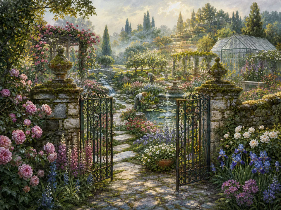 Lavender Secret Gate, an illustrated secret gardens jigsaw puzzle scene