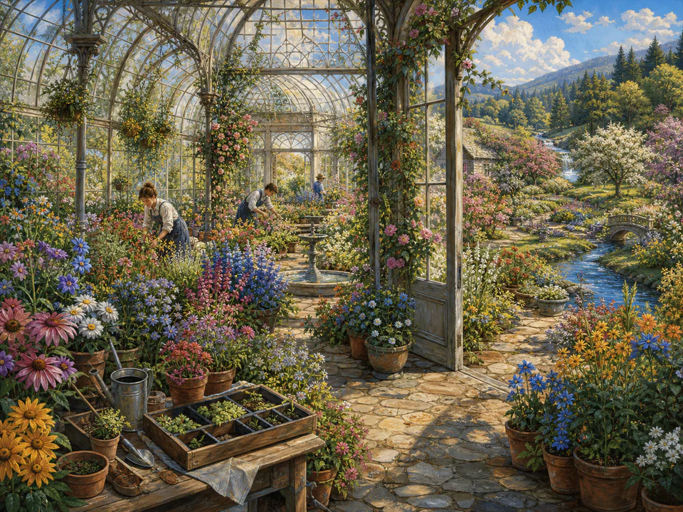 Wildflower Greenhouse, an illustrated secret gardens jigsaw puzzle scene