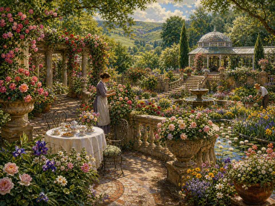 Wildflower Rose Terrace, an illustrated secret gardens jigsaw puzzle scene