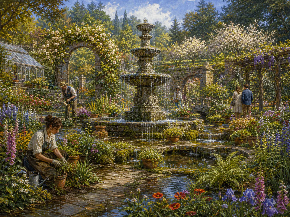 Wildflower Hidden Fountain, an illustrated secret gardens jigsaw puzzle scene