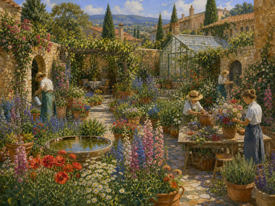 Wildflower Courtyard, an illustrated secret gardens jigsaw puzzle scene