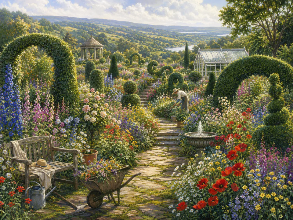 Wildflower Topiary Walk, an illustrated secret gardens jigsaw puzzle scene