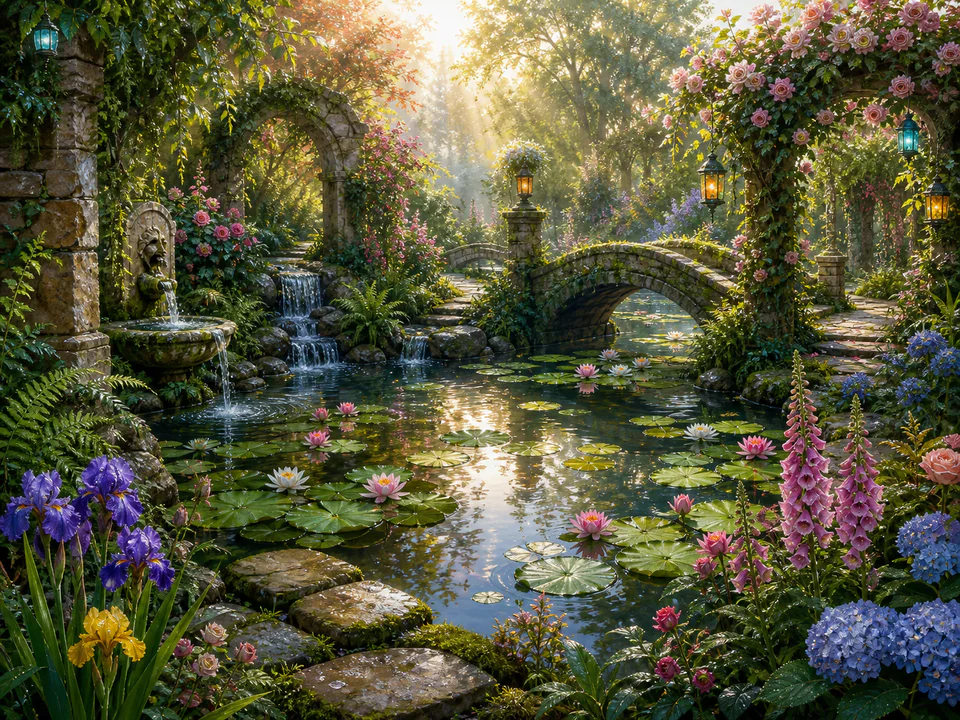 Jade Lily Pond, an illustrated secret gardens jigsaw puzzle scene