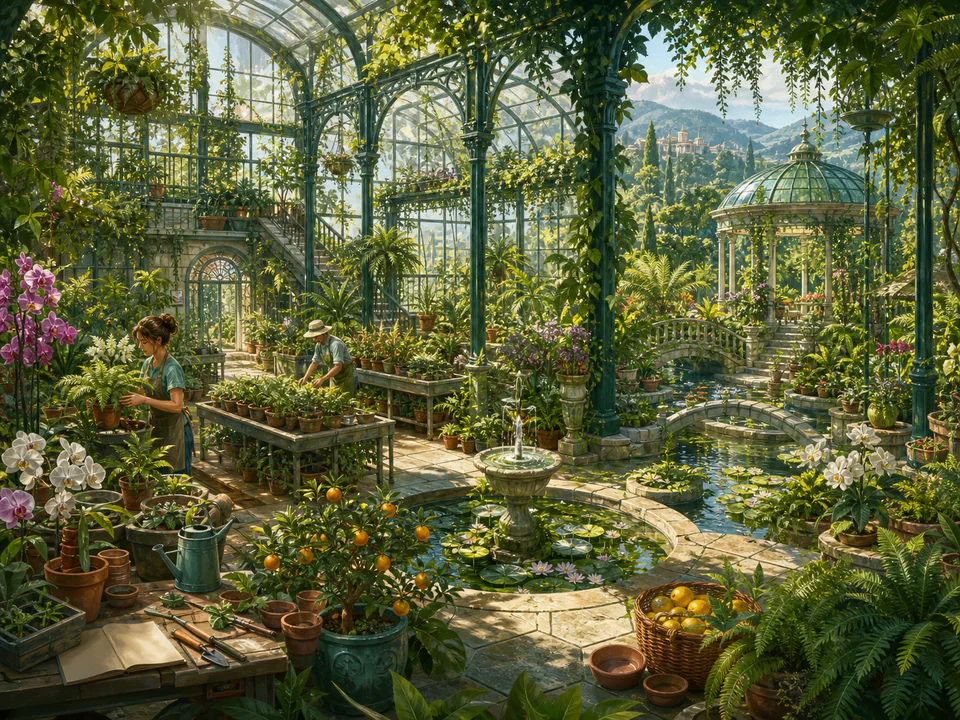 Jade Greenhouse, an illustrated secret gardens jigsaw puzzle scene