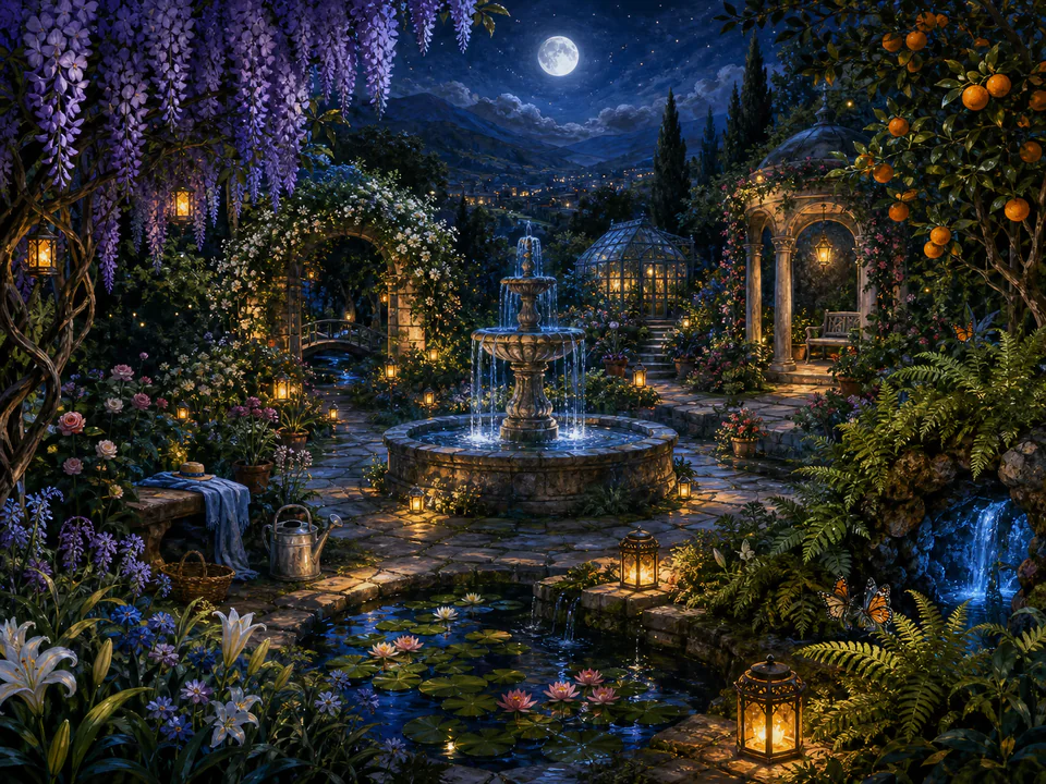 Jade Hidden Fountain, an illustrated secret gardens jigsaw puzzle scene
